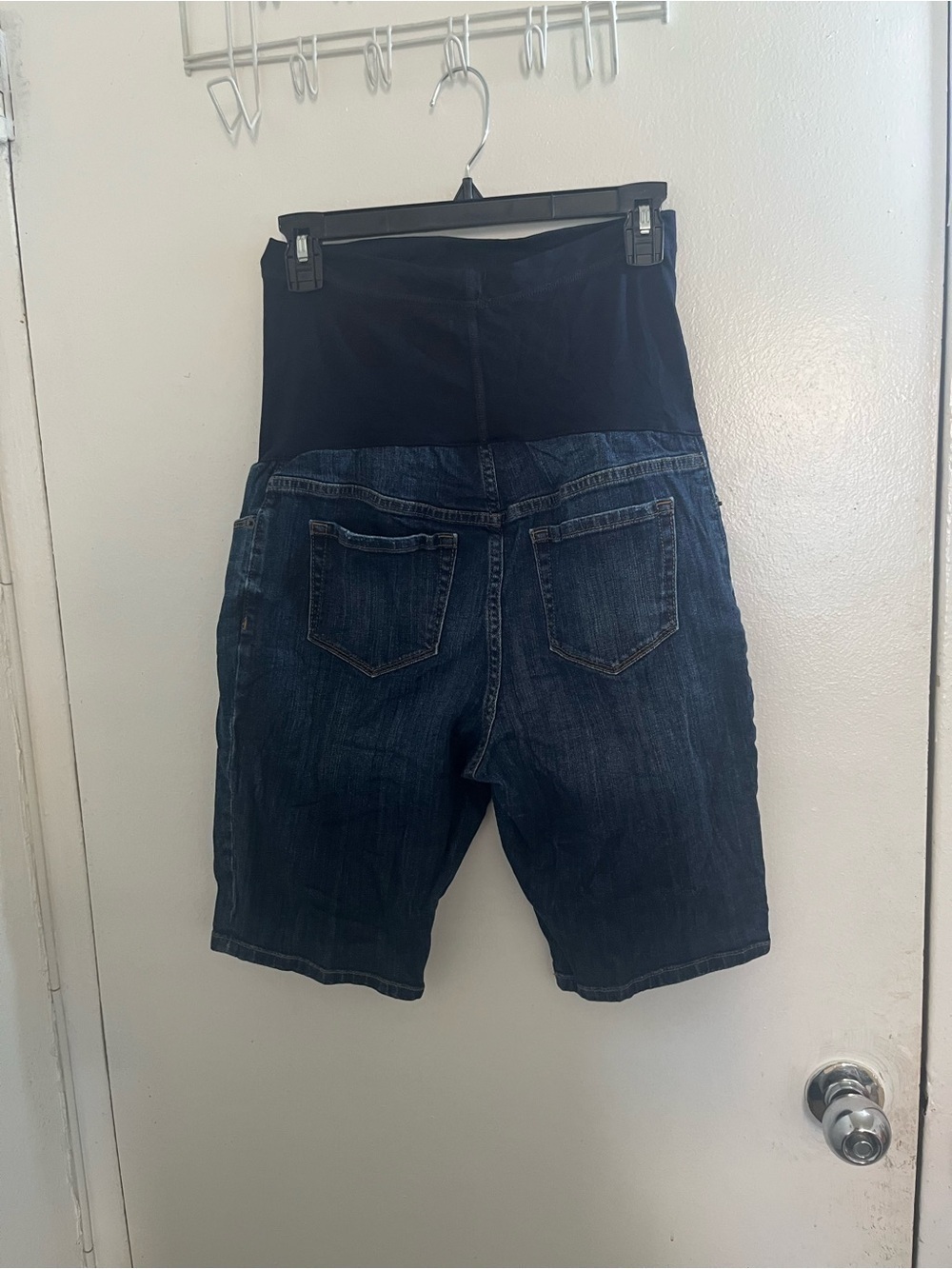 Motherhood Dark Blue Denim Maternity Bermuda Shorts with Black Waistband - Picture 3 of 4